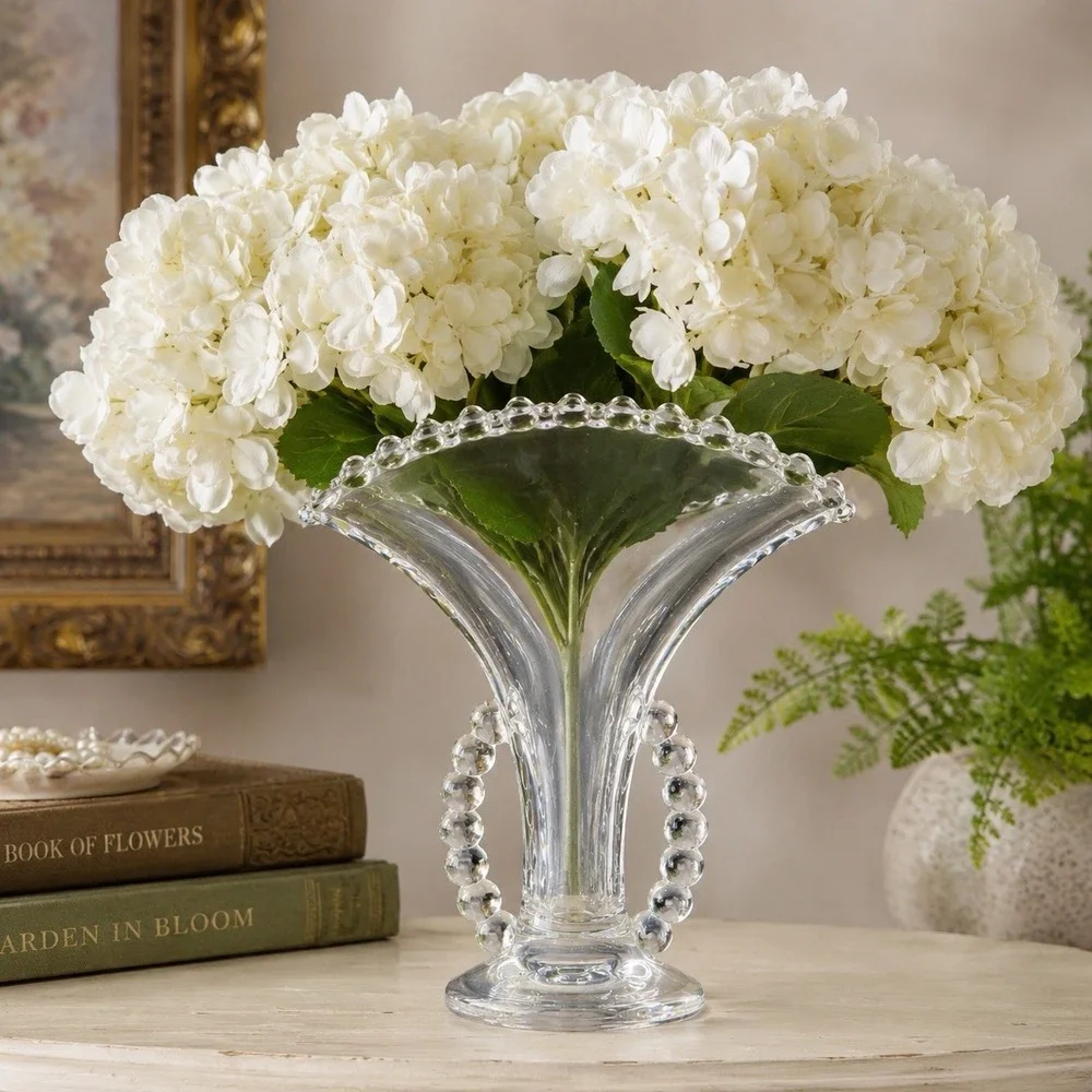 VTG Imperial Candlewick Fan Vase Detached Bead Handles Clear Glass 8.5
